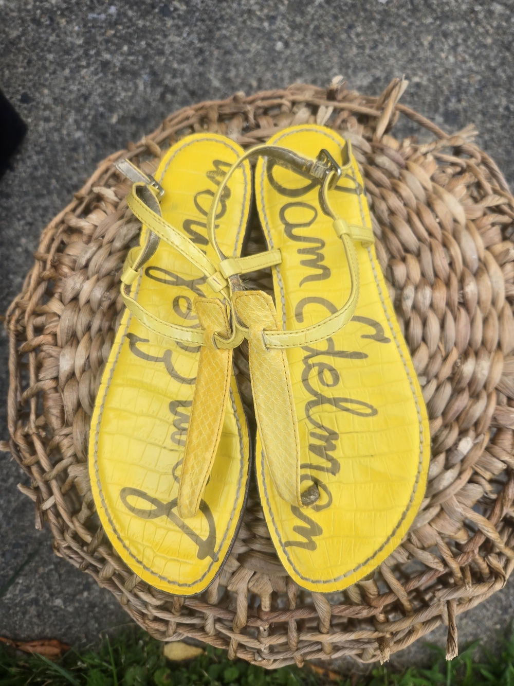 Sam Edelman Bright Yellow T-Strap Croc-Embossed Sandals